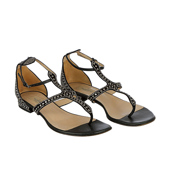 Valentino Garavani Embellished Studded Crystal Thong Sandals Black Women\'s EU 36